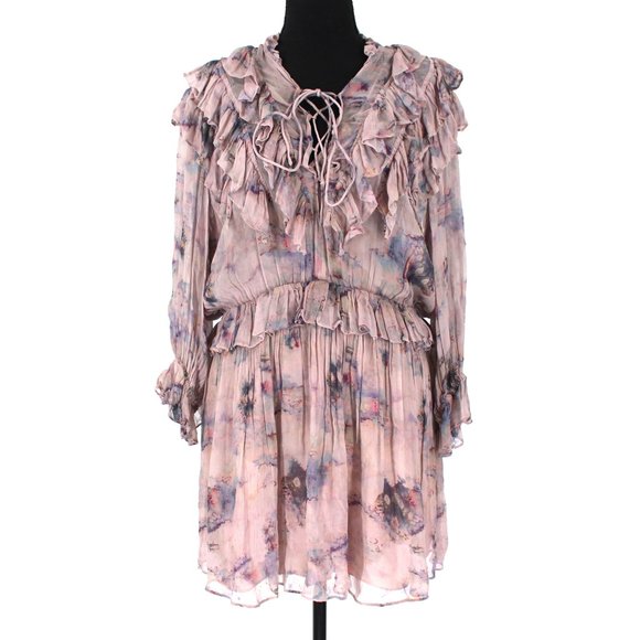 IRO Banon Dress Ruffle Trim Dress 40 Mauve Floral Print Crepe Pleat Mini Medium - Picture 2 of 9